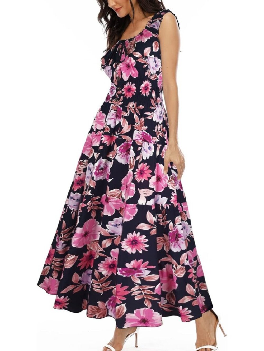 Women's Navy Blue Flowers Boho Floral Maxi Summer Flowy Tiered Long Dress